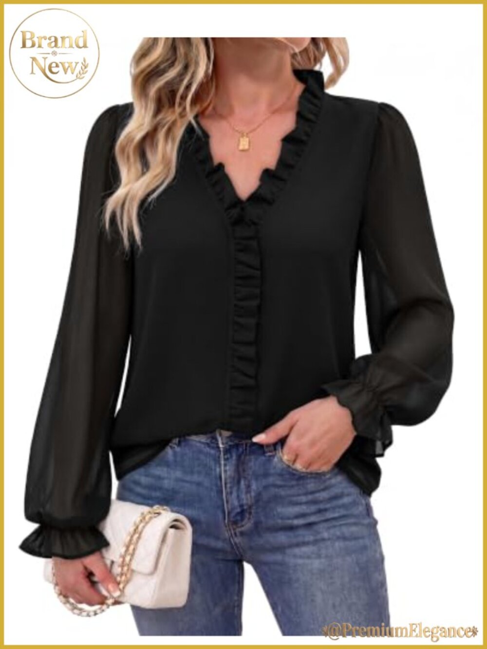 Chiffon Ruffle V-Neck Long Sleeve Blouse Dressy Office Top